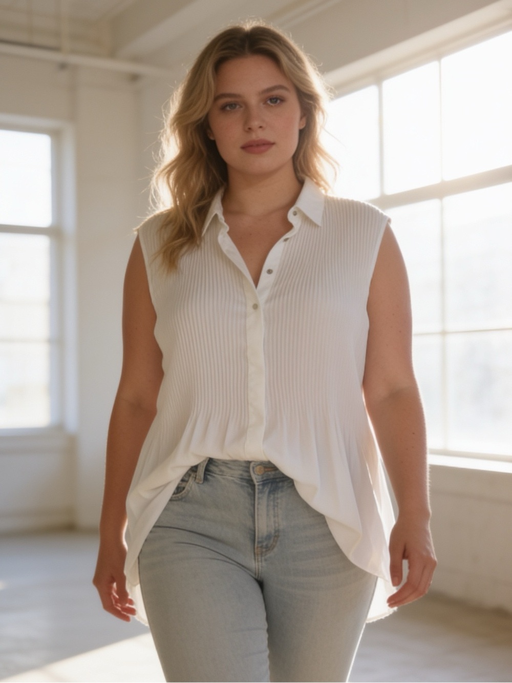 NY Collection Pleated Sleeveless Blouse White Size 1X Like New